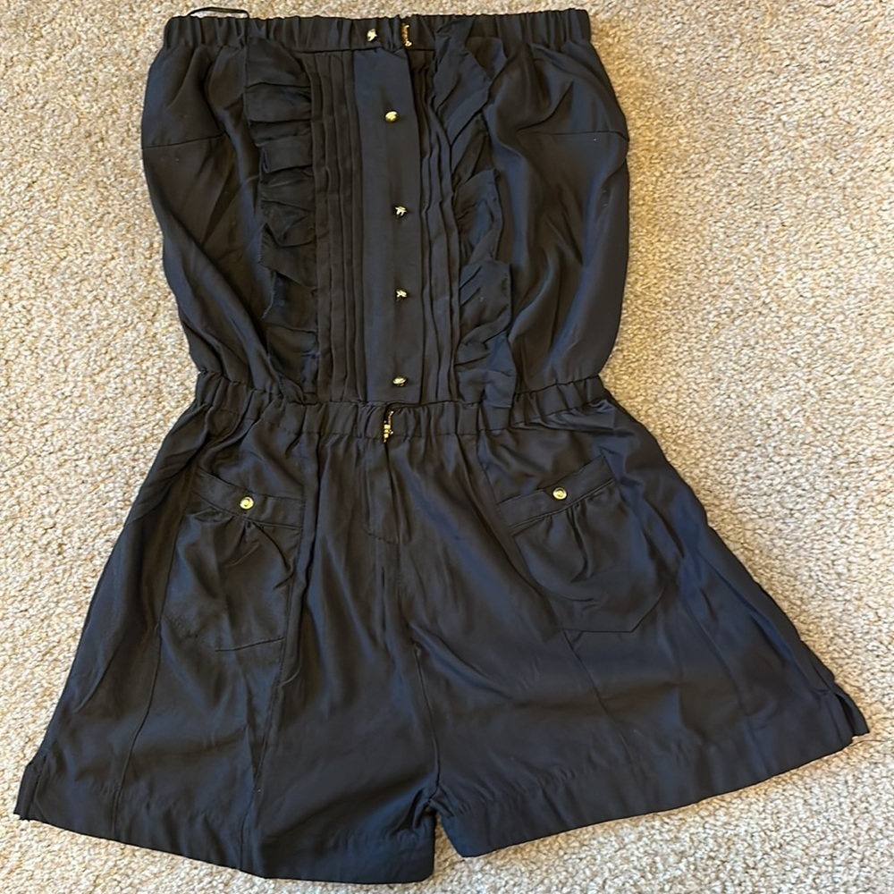 Poof Black ruffle Romper Gold Buttons Size Large (JUNIOR) See Measurements